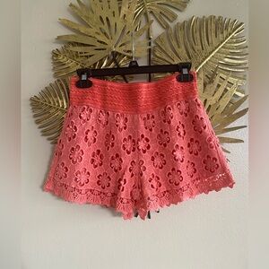 Elegant Coral Crochet High Waist Shorts